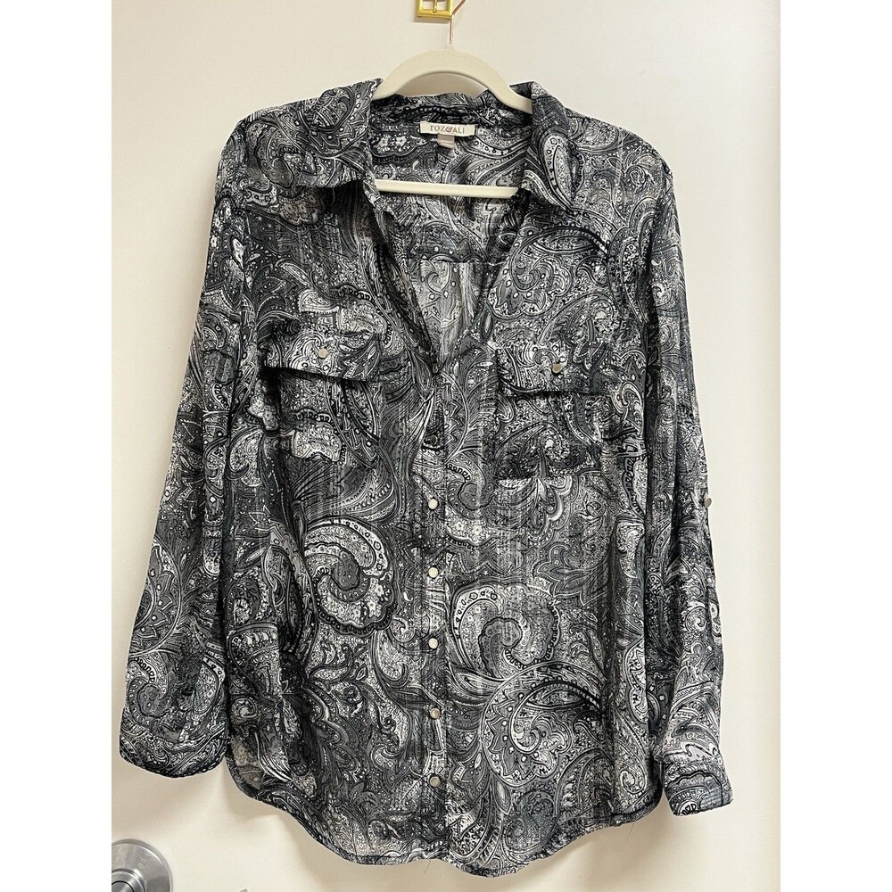 Roz & Ali Lightweight Metallic Thread Sheer Paisley Gray Summer Preppy Blouse XL